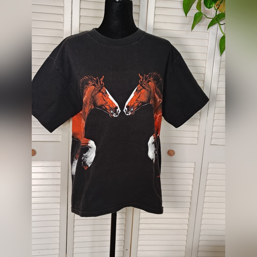 Rare Vintage 1998 Habitat All-Over Black Horse Graphic Tee Size L – Like New